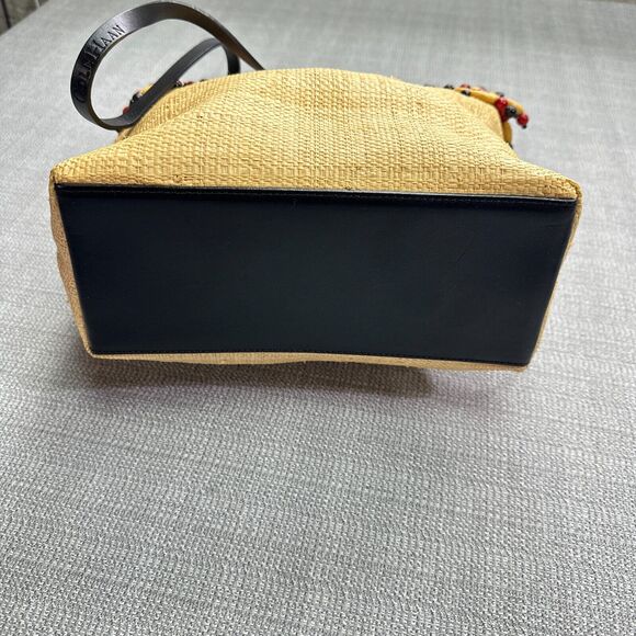 Boho Cole Haan Woven Straw Tote Purse Wooden Beads Beach Vacation Artistic New - Picture 6 of 11
